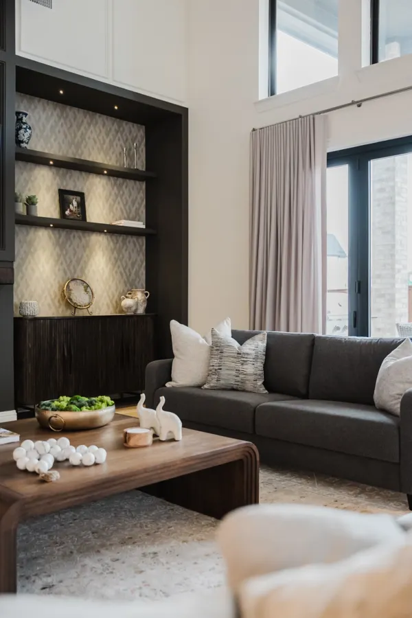 Built-in shelving and warm lighting