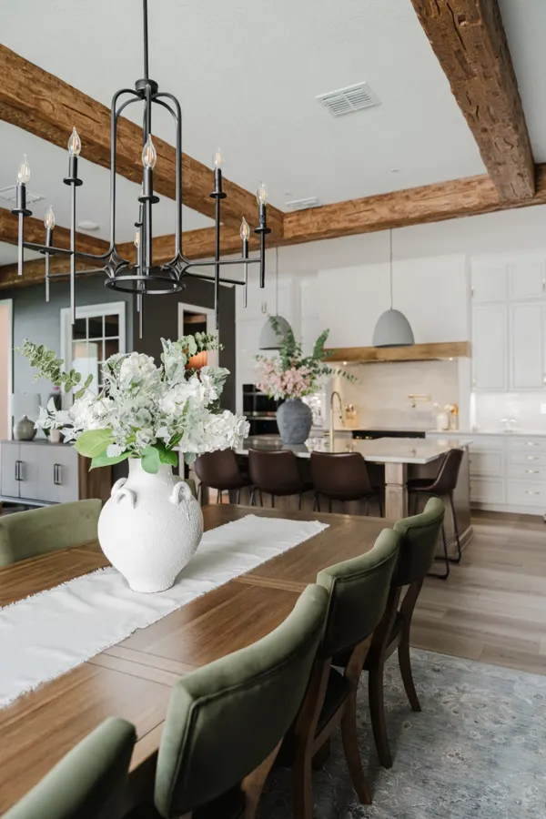 Dining room with wood beams